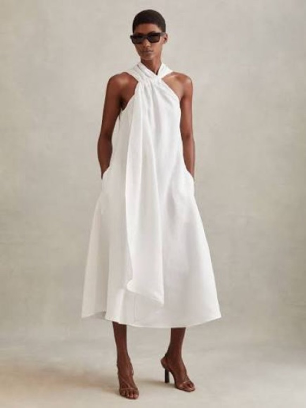 Reiss Linen White Maxi Dress with Chic Scarf Collar